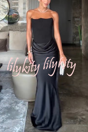 Attend The Gala Strapless Corset Satin Ruched Hip Drape Maxi Dress