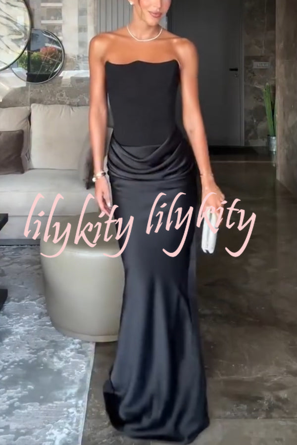 Attend The Gala Strapless Corset Satin Ruched Hip Drape Maxi Dress