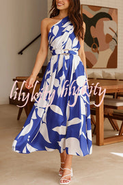 Unique Print Sleeveless One Shoulder Belted Maxi Dress