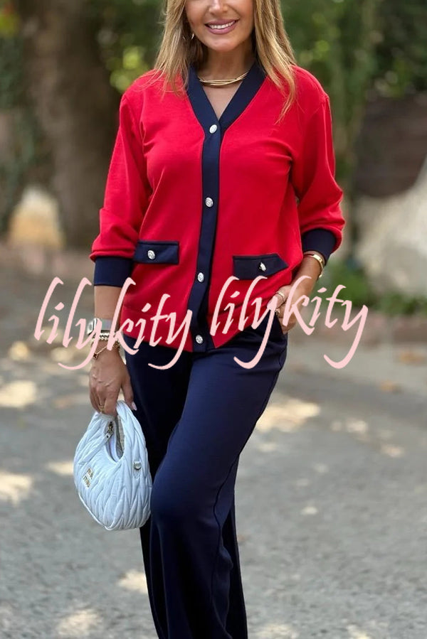 Stylish Color-blocked V-neck Knitted Button-down Cardigan and Elastic Waist Casual Wide-leg Pants Set