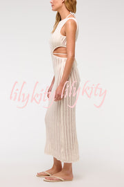 Beach Day Crochet Knit Cutout Waist Coverup Stretch Maxi Dress