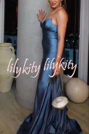 Jessica Satin Off Shoulder V-neck Ruched Detail Fishtail Maxi Dress