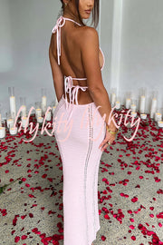 Effortlessly Cool and Sexy Knit Crochet Cutout Halter Tie-up Stretch Maxi Dress