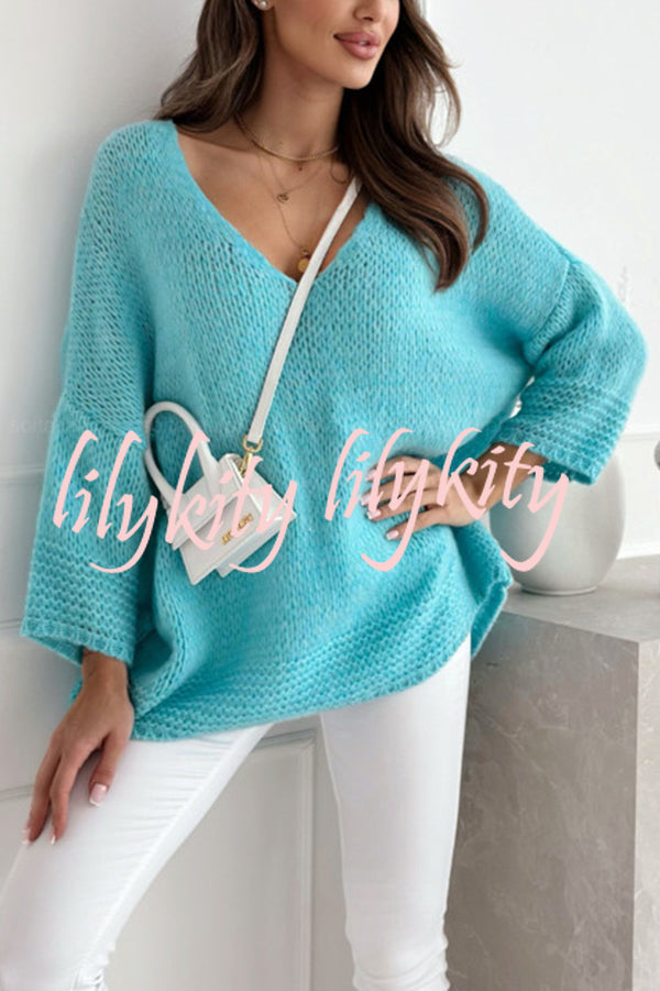 Solid Color Loose V-neck Casual Knitted Sweater