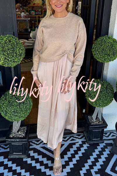 Practical Fashion Knit Ruched Sweater and Satin Stretch Tank Midi Dress Two-piece Set