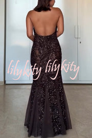 Twilight Gleam Sequin Textured Tulle Hem Halter Backless Maxi Dress