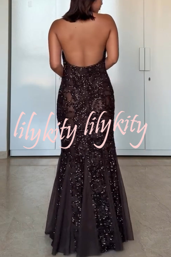 Twilight Gleam Sequin Textured Tulle Hem Halter Backless Maxi Dress