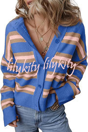 Colorblock Striped Knitted Long-sleeve Cardigan