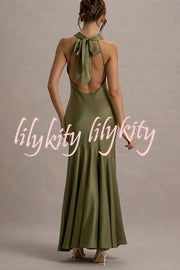 Timeless Sophistication Satin Cowl Detail Back Self-tie Halter Neck Maxi Dress