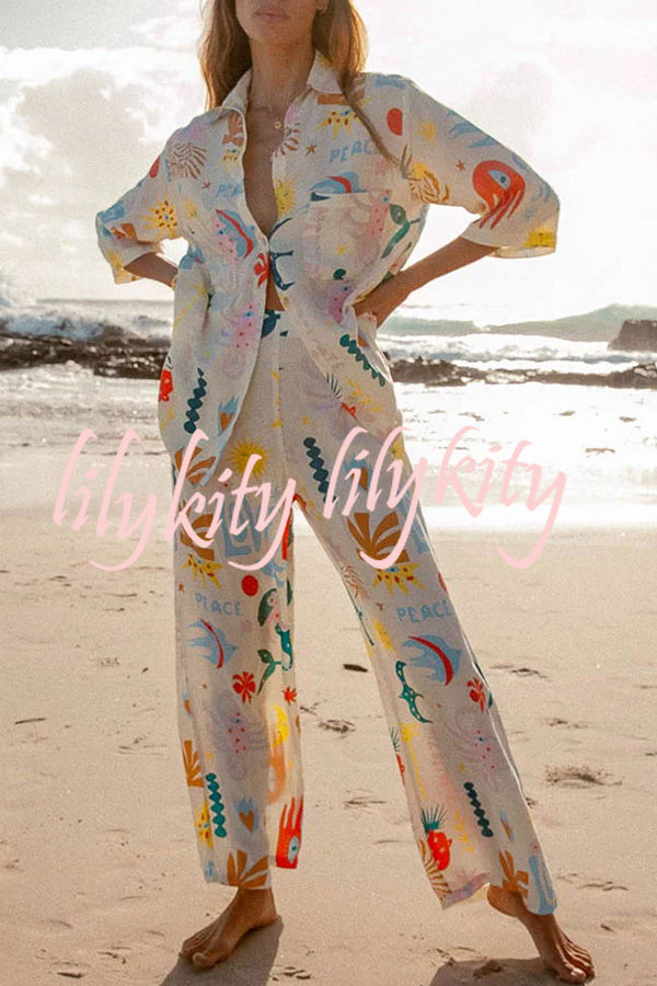 Abstract Sea Creature Print Button Pockets Elastic Waist Pant Suit