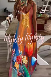 Unique Printed Suspender V-neck Loose Maxi Dress