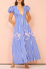 Indulge in Timeless Striped Print Puff Sleeve Pocketed Wavy Maxi Dress