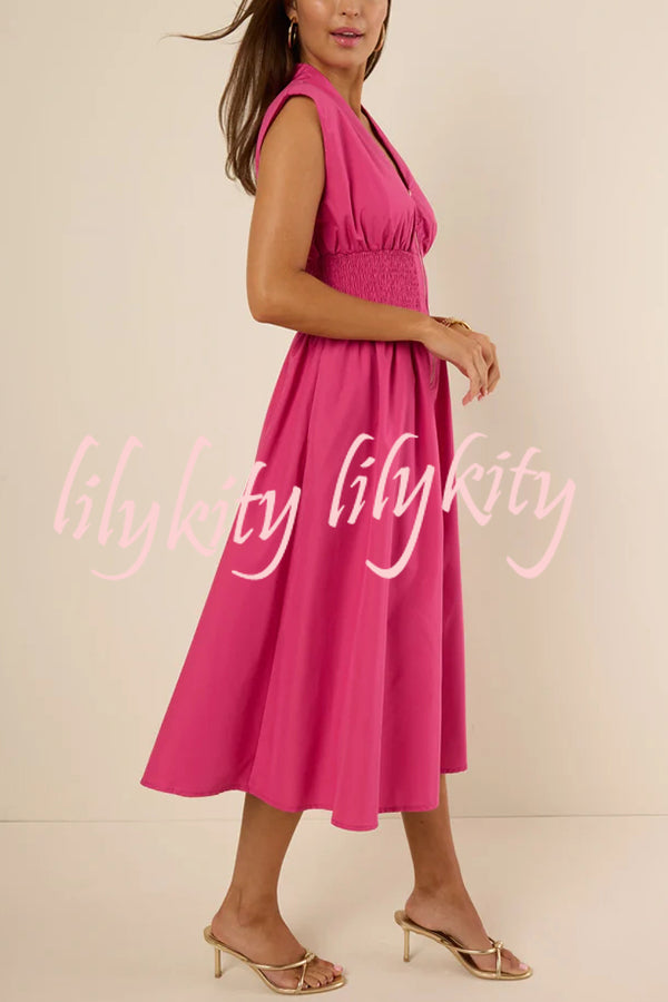 Workdays or Weekends Front Zipper Smocked Waist Pocket Loose Midi Dress
