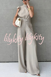 Fashionable One-shoulder Ruffled Top and Casual Simple Straight-leg Suit Pants Set