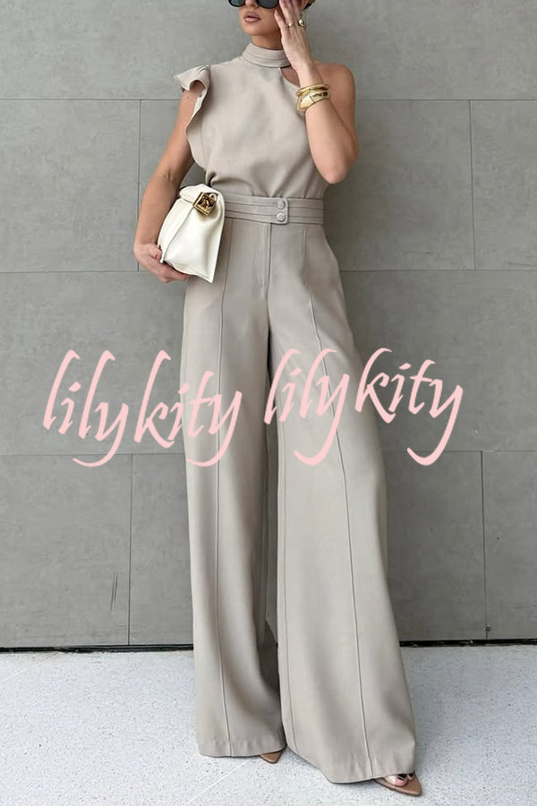 Fashionable One-shoulder Ruffled Top and Casual Simple Straight-leg Suit Pants Set