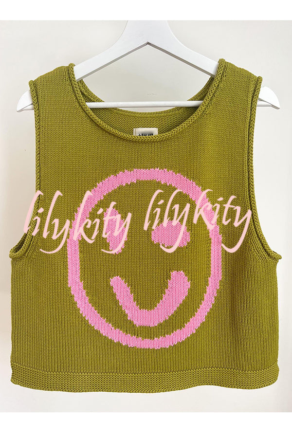 Always Happy Face Knit Unique Pattern Versatile Loose Tank Top