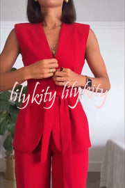 Keep It Classic V-neck Belted Vest and Mid Rise Pocket Wide Leg Pants Set