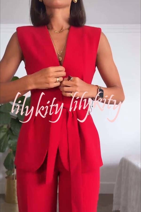 Keep It Classic V-neck Belted Vest and Mid Rise Pocket Wide Leg Pants Set