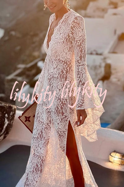Dream Love Floral Lace Bell Sleeve V-neck Slit Maxi Dress