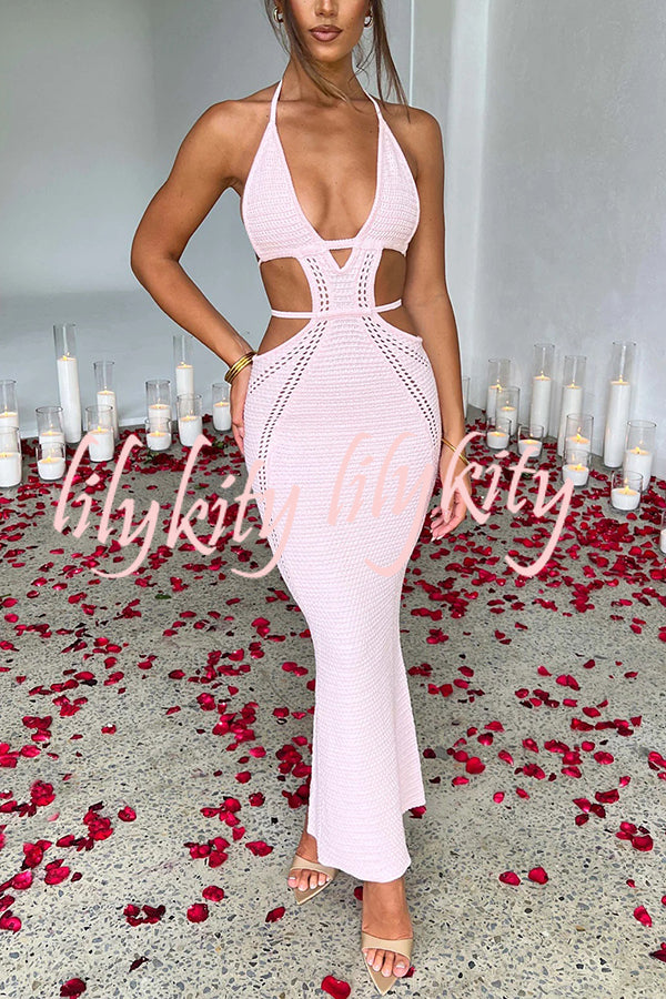 Effortlessly Cool and Sexy Knit Crochet Cutout Halter Tie-up Stretch Maxi Dress