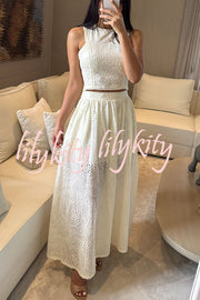 Kaya Embroidery Hollow Lace Back Smocked Tank and Elastic Waist A-line Maxi Skirt Set