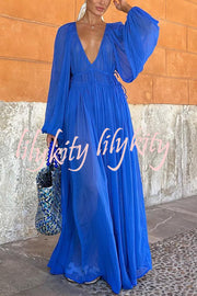 Blue Gemstone Chiffon Ruched Gathered Waist Maxi Dress