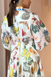 Hopeful Moments Tropical Fruit Print Balloon Sleeve Patchwork Shirt Midi Dress