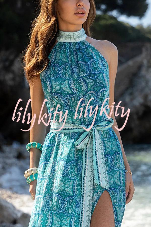 Unique Print Sexy Off-the-shoulder Waist Tie Slit Holiday Midi Dresses