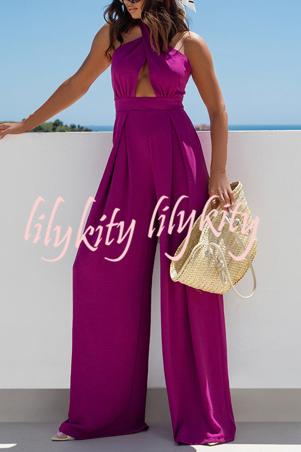 Easy Mode Cross-neck Halter Strap Backless Wide Leg Jumpsuit