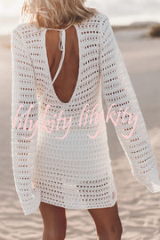 Sunset Love Knit Open Back Tie-up Flare Sleeve Cover Up Mini Dress