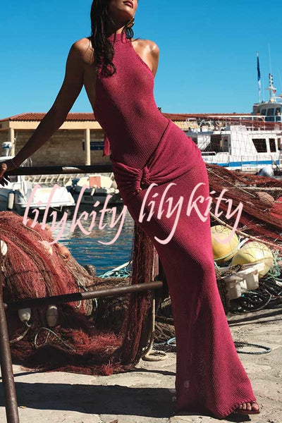 Quiet Confidence Knit Ruched Hip Halter Backless Stretch Maxi Dress