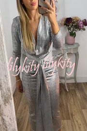 Shiny Lady Metallic Fabric Padded Long Sleeve Tie-up Ruched Midi Dress