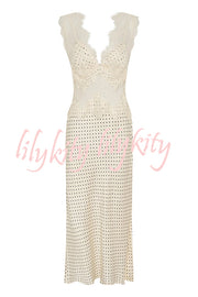 Wonderful Fusion Satin Lace Trim Poka Dot V-neck Drape Maxi Dress