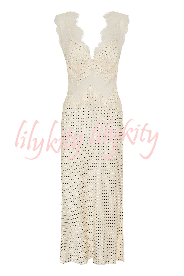 Wonderful Fusion Satin Lace Trim Poka Dot V-neck Drape Maxi Dress