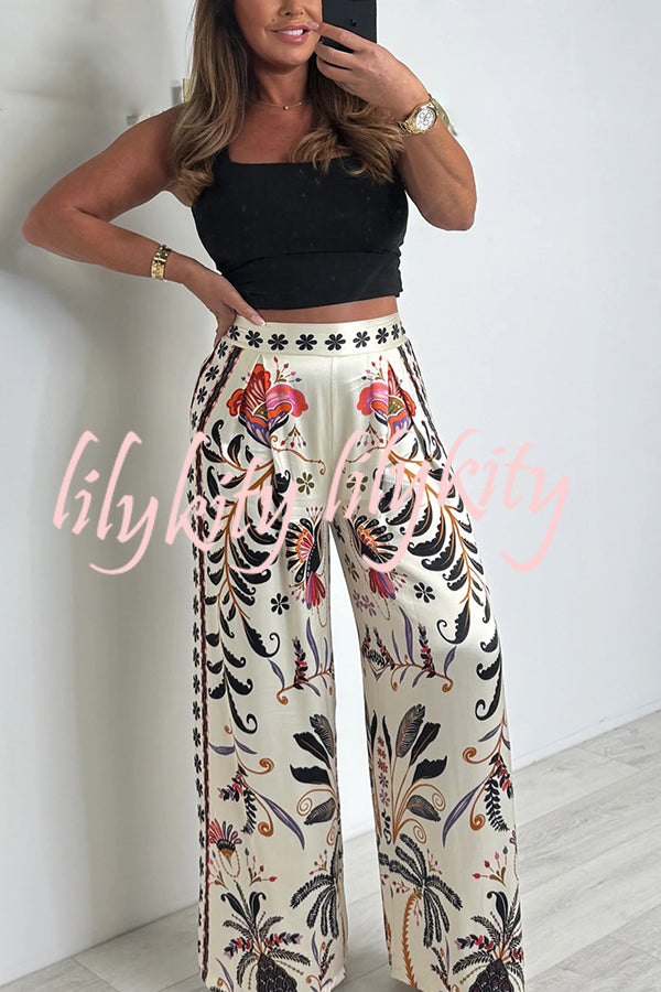 Satin Plant Print Elastic Waist Loose Wide Leg Pants