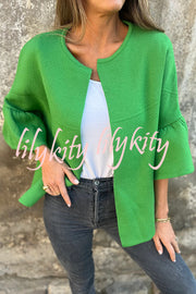 Fashionable Patchwork Round Neck Bell Sleeve Loose Jacket