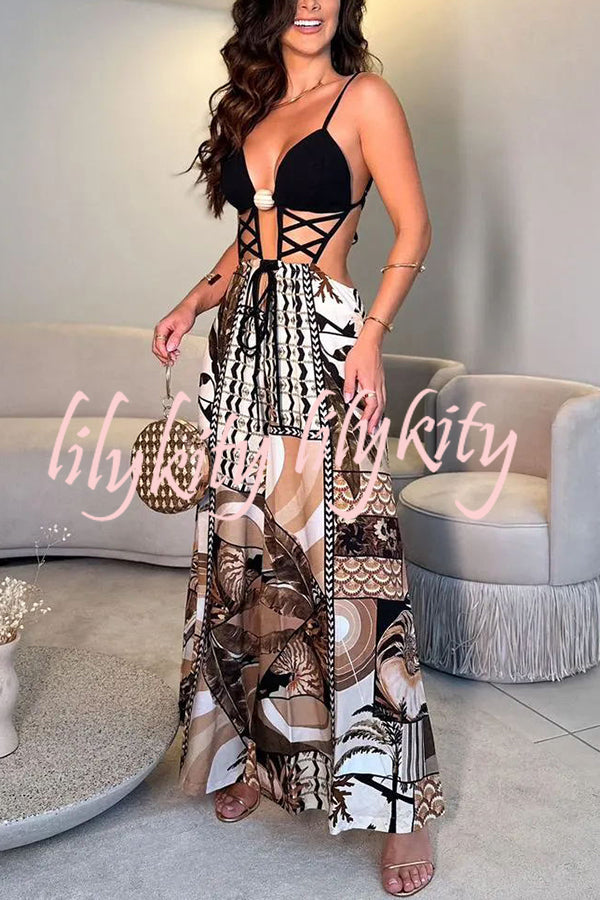 Tulum Dreaming Strap Cross Design Patchwork Printed Elastic Waist Backless Jumpsuit