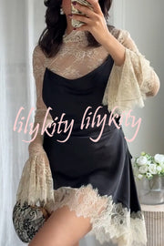 Gothic Romantic Lace Satin Patchwork High Neck Bell Sleeve Loose Mini Dress