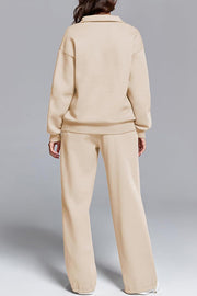 Solid Color Long-sleeved Lapel Sports Sweatshirt and Elastic Waist Casual Pocket Pants Set