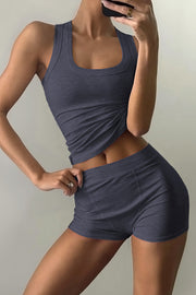Fashionable Sports Yoga Style Sleeveless Square Neck Top and Elastic Slim Shorts Set