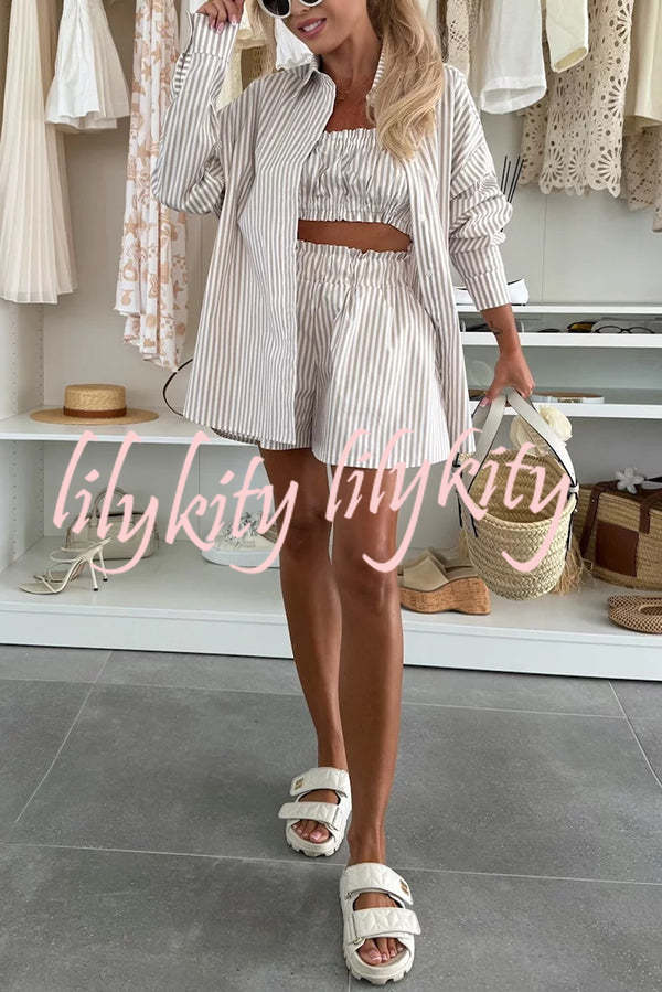 Zoie Striped Stretch Bandeau + Elastic Waist Pocket Shorts + Oversized Blouse 3 Pieces Set