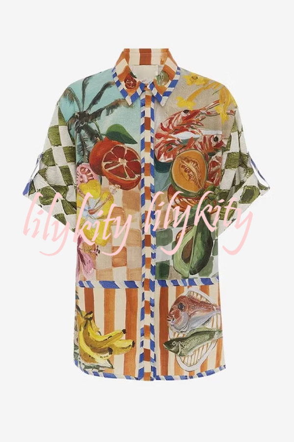 Spicy Lady Linen Blend Tropical Fruit Print Button Down Oversized Blouse