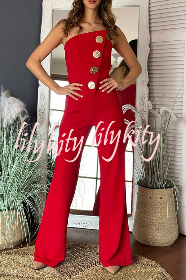 Solid Color Sexy Tube Top Gold Button Embellished Bootcut Jumpsuit