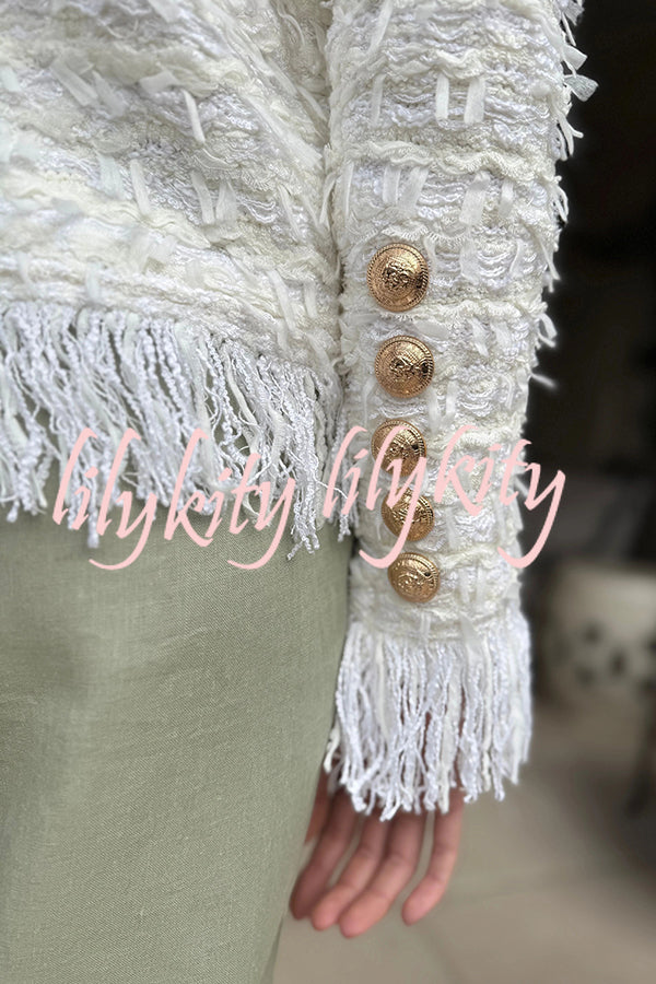 Solid Color Metal Button Long Sleeve Elegant Tassel Top