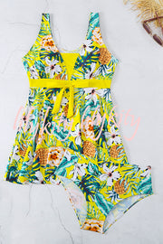 Cheerful Floral Print Bow Detail Tankini Swimsuit Set