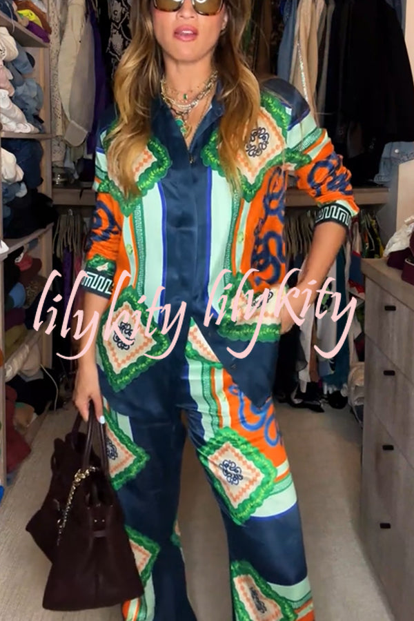 Vacation Times Satin Unique Print Button Down Oversized Blouse