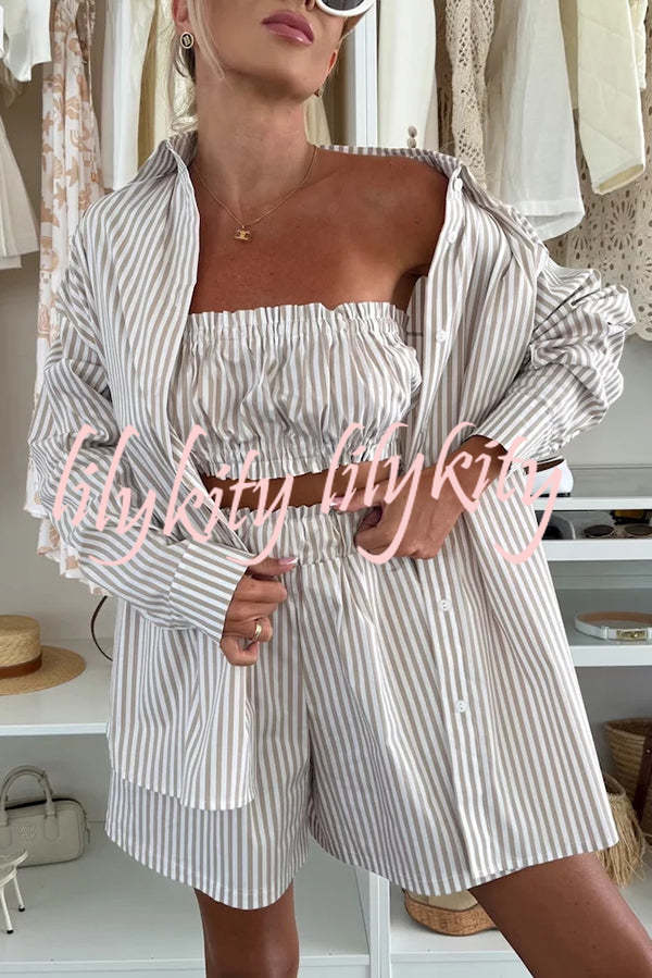 Zoie Striped Stretch Bandeau + Elastic Waist Pocket Shorts + Oversized Blouse 3 Pieces Set