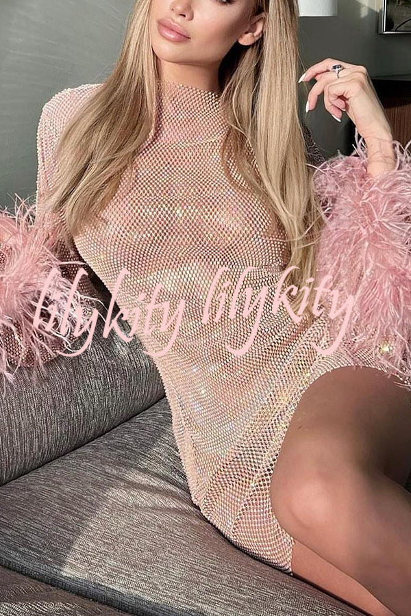 Night Surprise Rhinestone Fabric Feather Sleeve Party Mini Dress