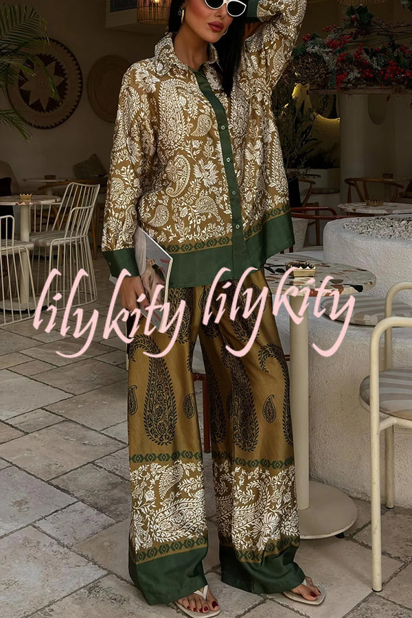 Naya Satin Contrast Color Paisley Long Sleeve Shirt and Elastic Waist Pocketed Pants Set