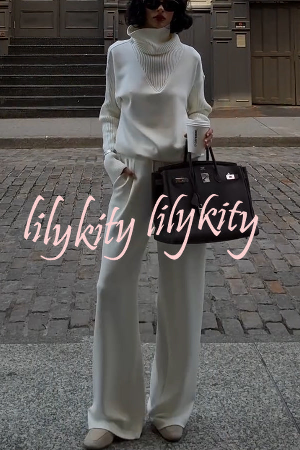 Morning Coffee Walks Ribbed Turtleneck Long Sleeve Sweatshirt and Elastic Waist Pocketed Loose Pants Set